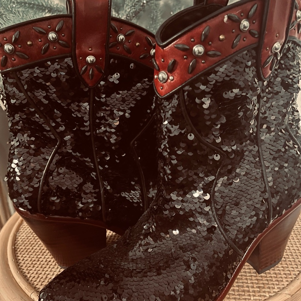 Coach black sequin booties